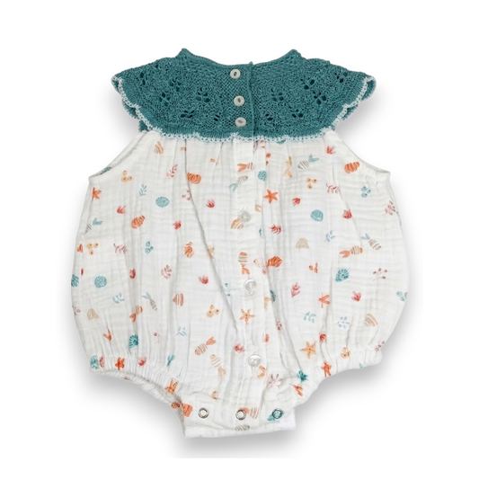 Pelele de Bebé con Canesú de Punto Calado y Muselina Estampada - Motivos Marinos