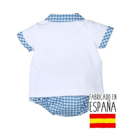 Conjunto corto bebé niño cubrepañal cuadros vichy azul detalle, fabricado en España - Monitoskids