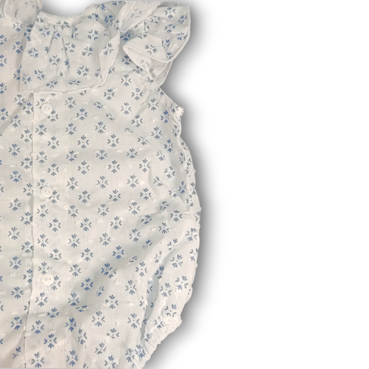 Pelele para Bebé en Algodón Plumeti Blanco con Estampado Floral Azul