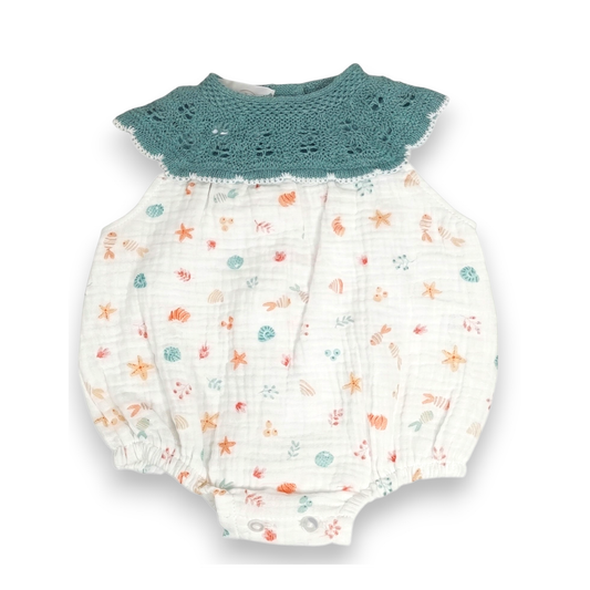 Pelele de Bebé con Canesú de Punto Calado y Muselina Estampada - Motivos Marinos