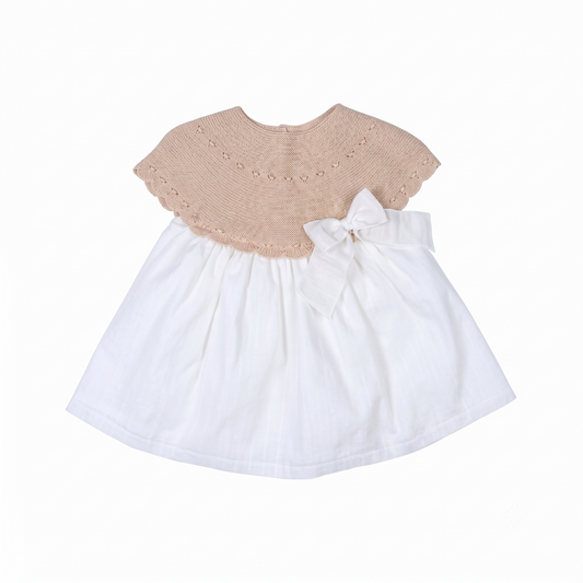 Vestido bebé tejido combinado con lazo color arena, fabricado en España - Monitoskids