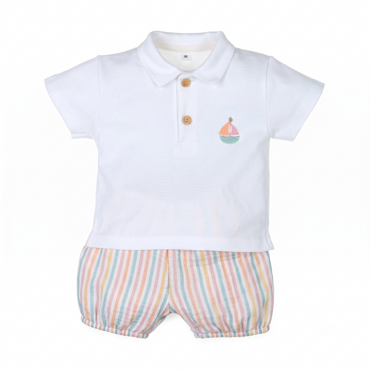 Conjunto corto bebé detalle barco color crudo manga corta, fabricado en España - Monitoskids