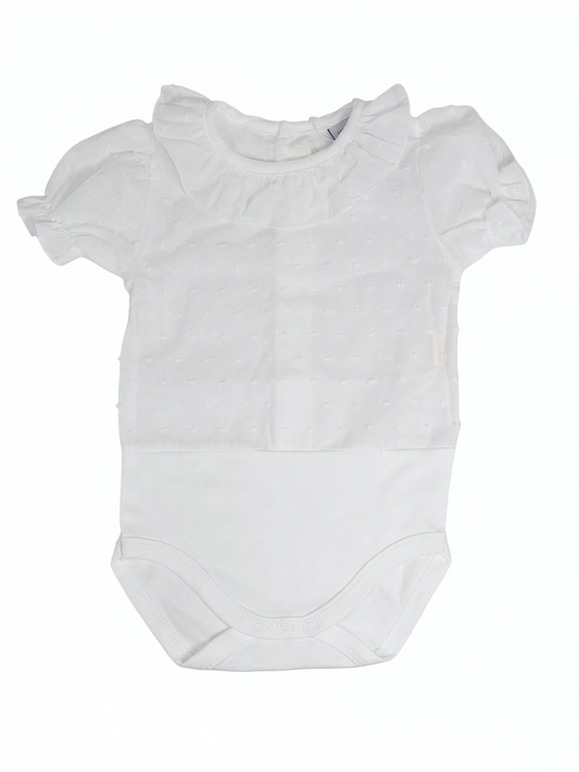 Body de Algodón con Pechera de Plumeti y Cuello Volante – Blanco Inmaculado