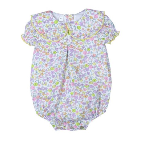 Pelele corto bebé estampado flores con maxicuello rosa, fabricado en España - Monitoskids