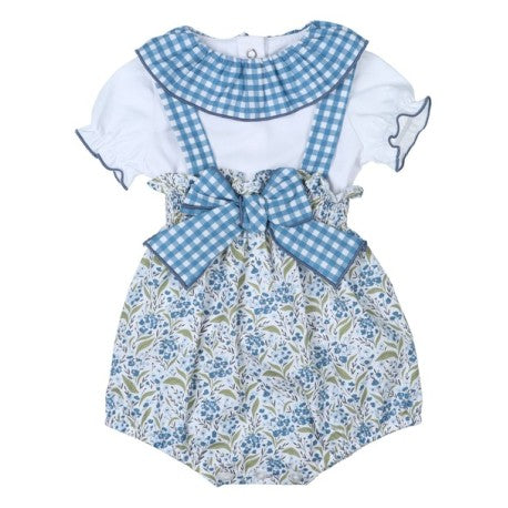 Conjunto corto bebé niña peto estampado azul grisáceo cuello volante, fabricado en España - Monitoskids