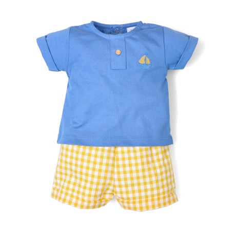 Conjunto de 2 piezas: pantalón corto estampado vichy y camiseta cuello redondo lisa-26283-Tony Bambino - Monitoskids